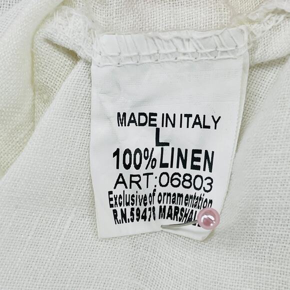 ROSE MARINE Top L Linen Tunic Ruffle V-Neck Roll Tab Sleeve Off White Italy - Picture 10 of 13